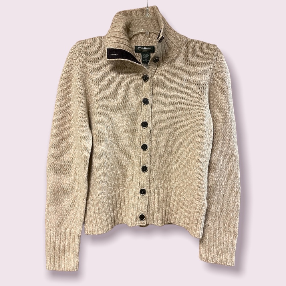 Eddie Bauer Women’s Tan Wool Blend Button Down Cardigan w/ Suede Elbow Patches